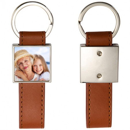 Portachiavi in pelle lungo quadrato marrone con foto Portachiavi in pelle lungo quadrato marrone con foto