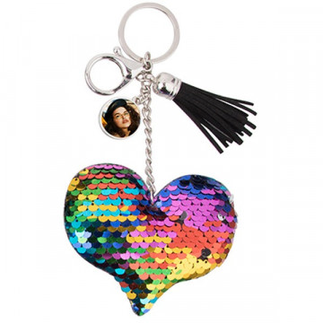 Portachiavi grande con cuore in paillettes con foto personalizzata
