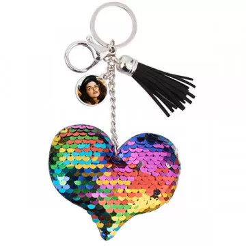 Portachiavi grande con cuore in paillettes con foto personalizzata