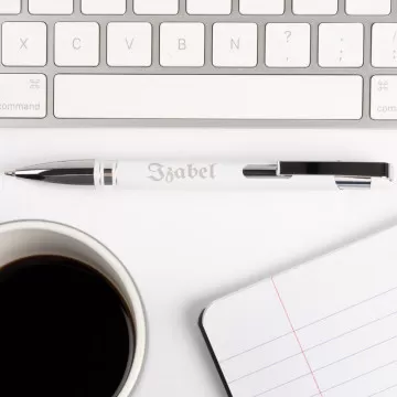 Penna a sfera bianca incisa e custodia in alluminio