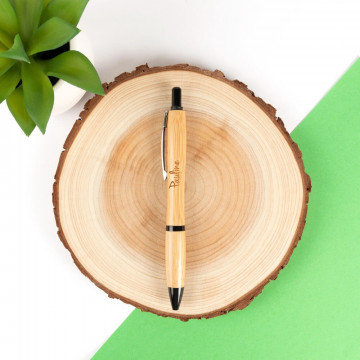 Bamboo penna a sfera blu legno con incisione