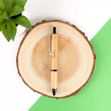 Bamboo penna a sfera blu legno con incisione