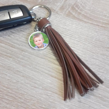 Portachiavi con foto in pelle marrone lunga personalizzata con piuma
