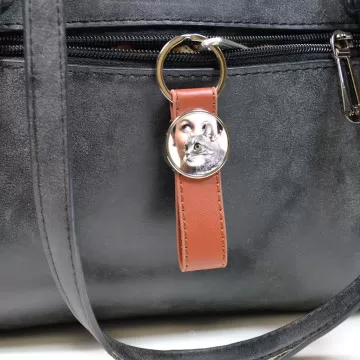 Portachiavi lungo in pelle marrone con stampa rotonda