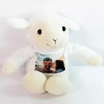 Peluche di agnello bianco da personalizzare con una foto