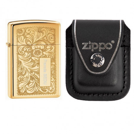 Briquet in oro veneziano Zippo con custodia in pelle Briquet in oro veneziano Zippo con custodia in pelle