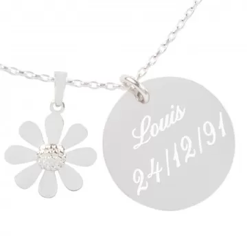 Collana margherita con medaglione inciso placcato argento