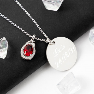 Collana personalizzata pietra granata - Medaglione rotondo inciso