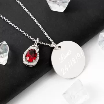 Collana personalizzata pietra granata - Medaglione rotondo inciso