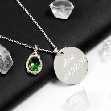 Collana incisa e la sua pietra verde personalizzata - Collana in argento