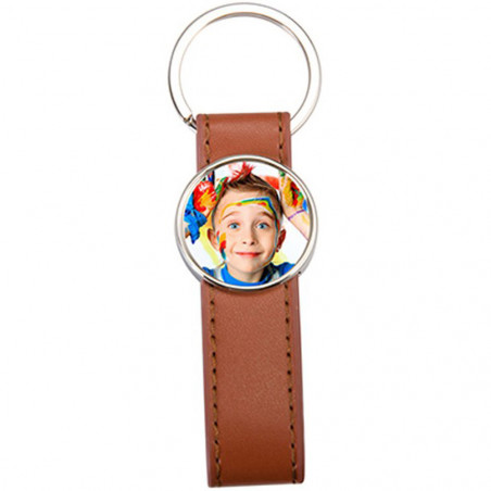 Portachiavi in pelle marrone con foto tonda personalizzata Portachiavi in pelle marrone con foto tonda personalizzata