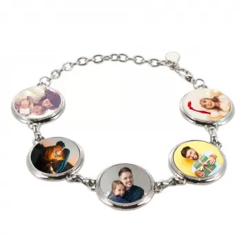 Bracciale argentato con 5 medaglioni fotografici personalizzati