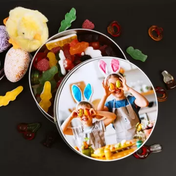 Scatola rotonda di caramelle Haribo personalizzata con foto