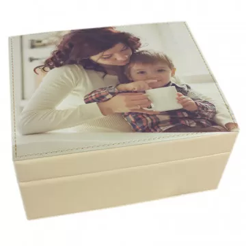 Portagioie beige personalizzato con foto su coperchio in similpelle