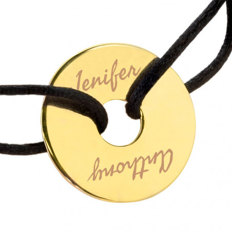 Bracciale in corda nera con disco placcato oro personalizzato inciso Bracciale in corda nera con disco placcato oro personalizzato inciso