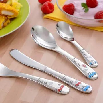 Posate per bambini con nome inciso e motivo di automobile
