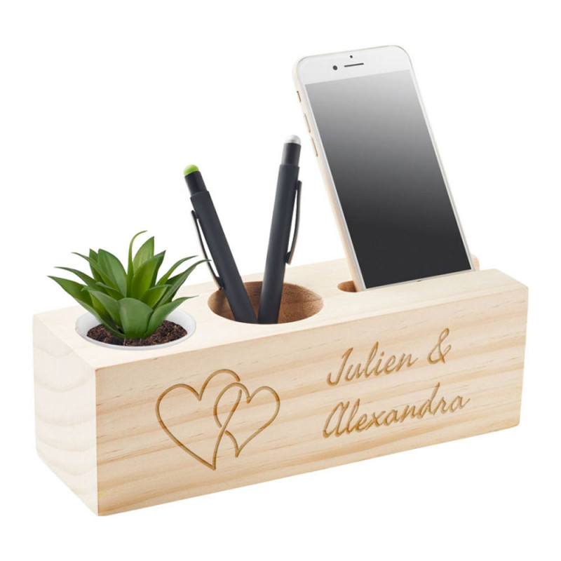 Organizer da scrivania in legno personalizzato con portapenne e supporto smartphone