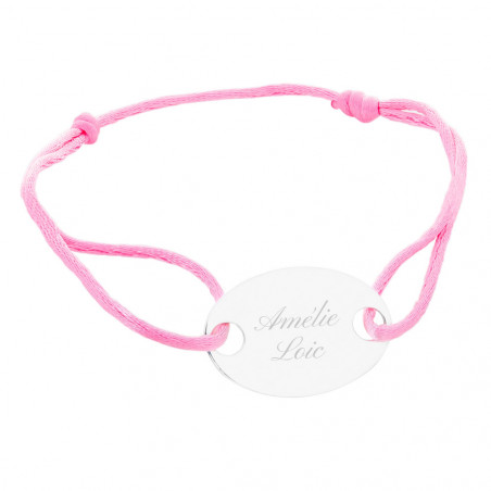 Placca ovale in argento incisa su braccialetto regolabile in cordoncino rosa Placca ovale in argento incisa su braccialetto regolabile in cordoncino rosa