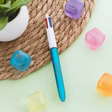 Penna Bic 4 colori blu metallo da personalizzare |Incisione del testo