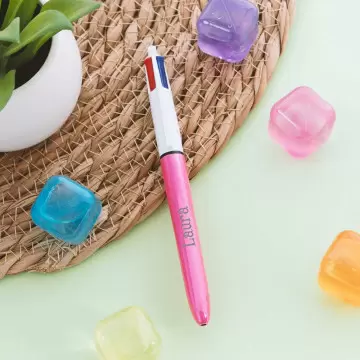Penna Bic 4 colori rosa lucido personalizzabile |Incisione del testo
