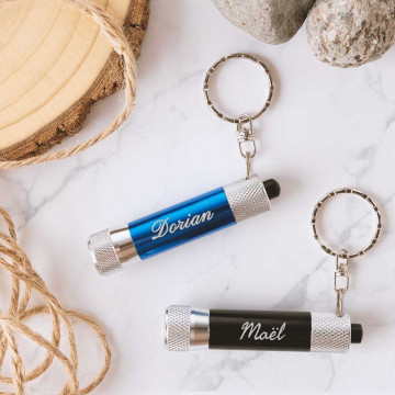 Portachiavi con torcia personalizzata |Incisione testo |Blu o Nero