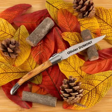 Coltello tascabile con manico in legno di ulivo e lama incisa