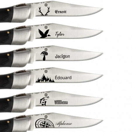 Incisione sulla lama del coltello esterno maniglia natura nera Incisione sulla lama del coltello esterno maniglia natura nera