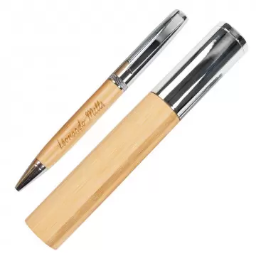 Penna a sfera in bambù inciso con tubo di stoccaggio corrispondente