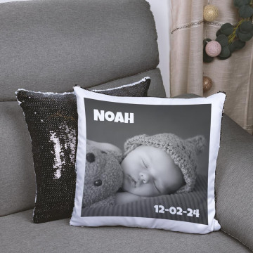 Cuscino personalizzato con paillettes nere |Stampa di una sola foto