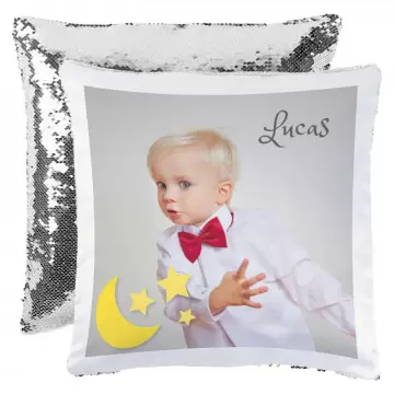 Cuscino con paillettes argento personalizzato con foto