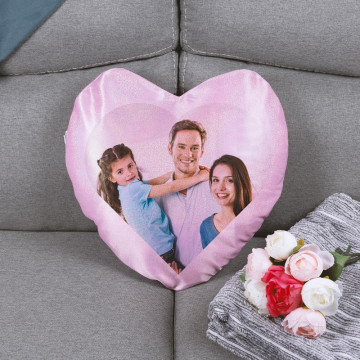 Cuscino cuore scintillante rosa personalizzato con foto stampata