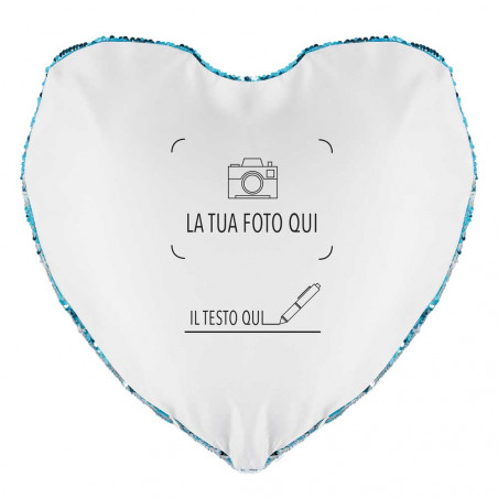 Cuscino con paillettes a forma di cuore blu con foto