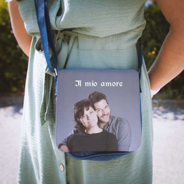 Piccola borsa blu personalizzata con foto