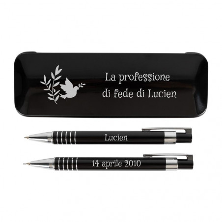Cassa penna a sfera e porta mine nera personalizzabile comunione Cassa penna a sfera e porta mine nera personalizzabile comunione