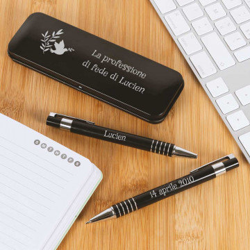 Penna a sfera e portamine nere personalizzate |Scatola per comunione incisa