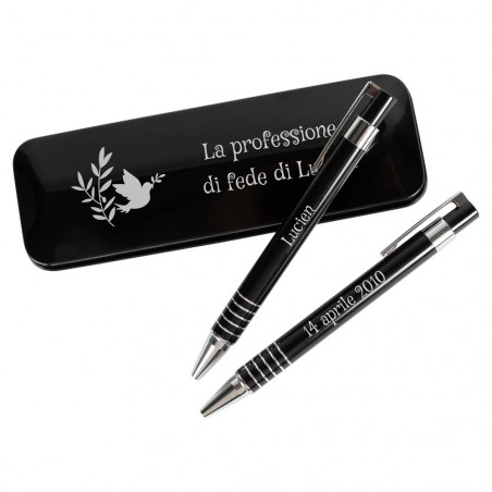 Box penne a sfera e porta mine nera incisa comunione Box penne a sfera e porta mine nera incisa comunione