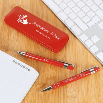 Penna a sfera rossa incisa e matita meccanica |Scatola per battesimo e comunione