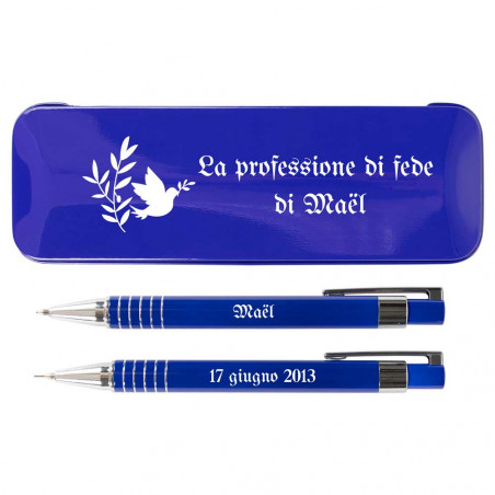 Penna blu incisa per la Comunione e astuccio portamine Penna blu incisa per la Comunione e astuccio portamine