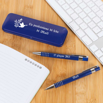 Penna a sfera e portamine blu personalizzabili |Regalo di comunione per battesimo