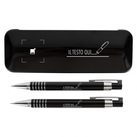 Cassa a sfera e portamine nero con testo inciso Cassa a sfera e portamine nero con testo inciso