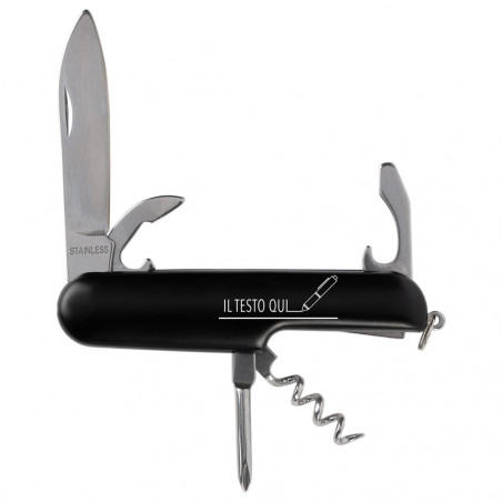 Coltello multifunzione nero personalizzato con testo inciso Coltello multifunzione nero personalizzato con testo inciso