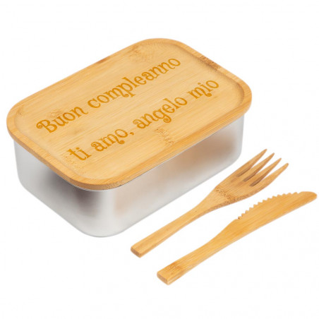 Scatola da pranzo in acciaio e coperchio bambù personalizzato Scatola da pranzo in acciaio e coperchio bambù personalizzato