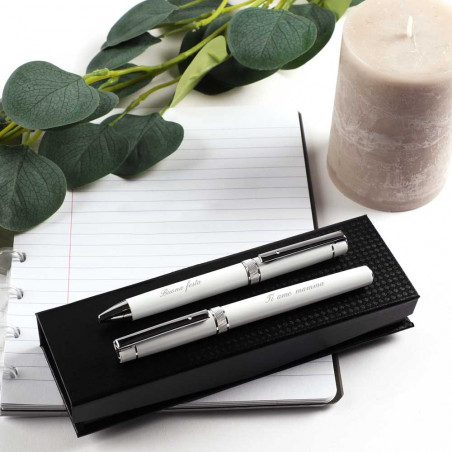 Scatola di 2 penne bianche incise e personalizzate