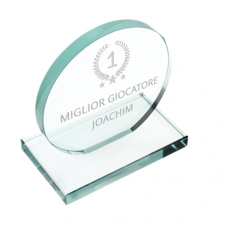 Trofeo di vetro rotondo con incisione di testo Trofeo di vetro rotondo con incisione di testo