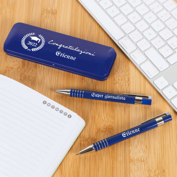 Set Penna e Portamine Personalizzati con Cofanetto Blu - Design Congratulazioni