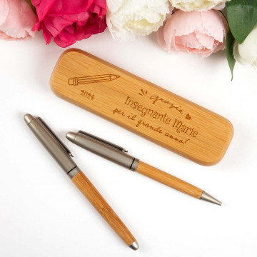 Set Penne in Bambù con Cofanetto Personalizzato - Regalo Fine Anno per Insegnanti