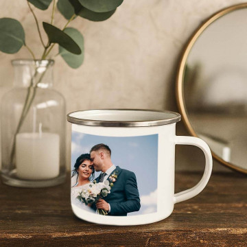 Tazza smaltate bianca con foto personalizzata