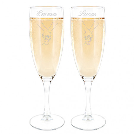 Coppia di coppe da champagne personalizzate con mani intrecciate