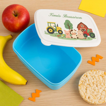 Lunch box blu fattoria personalizzata con nome e animali