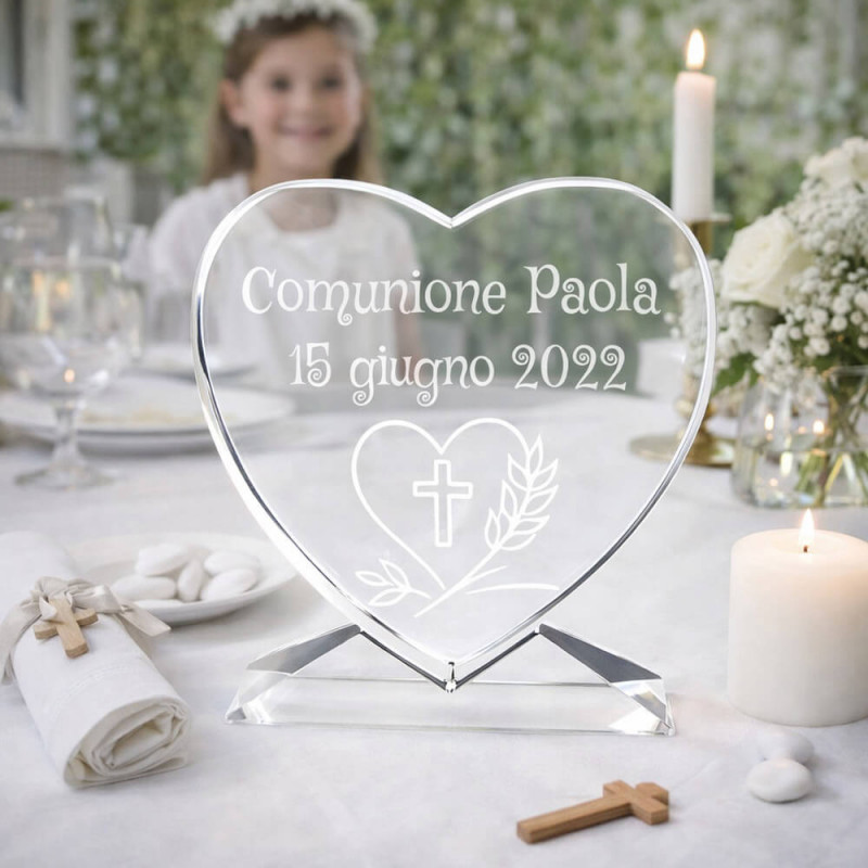 Cuore in vetro per Comunione personalizzato – Incisione e design a scelta